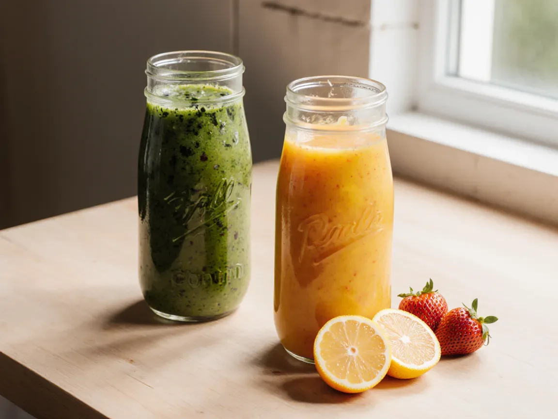 A green smoothie and an orange mango smoothie in glass jars on a timber counter